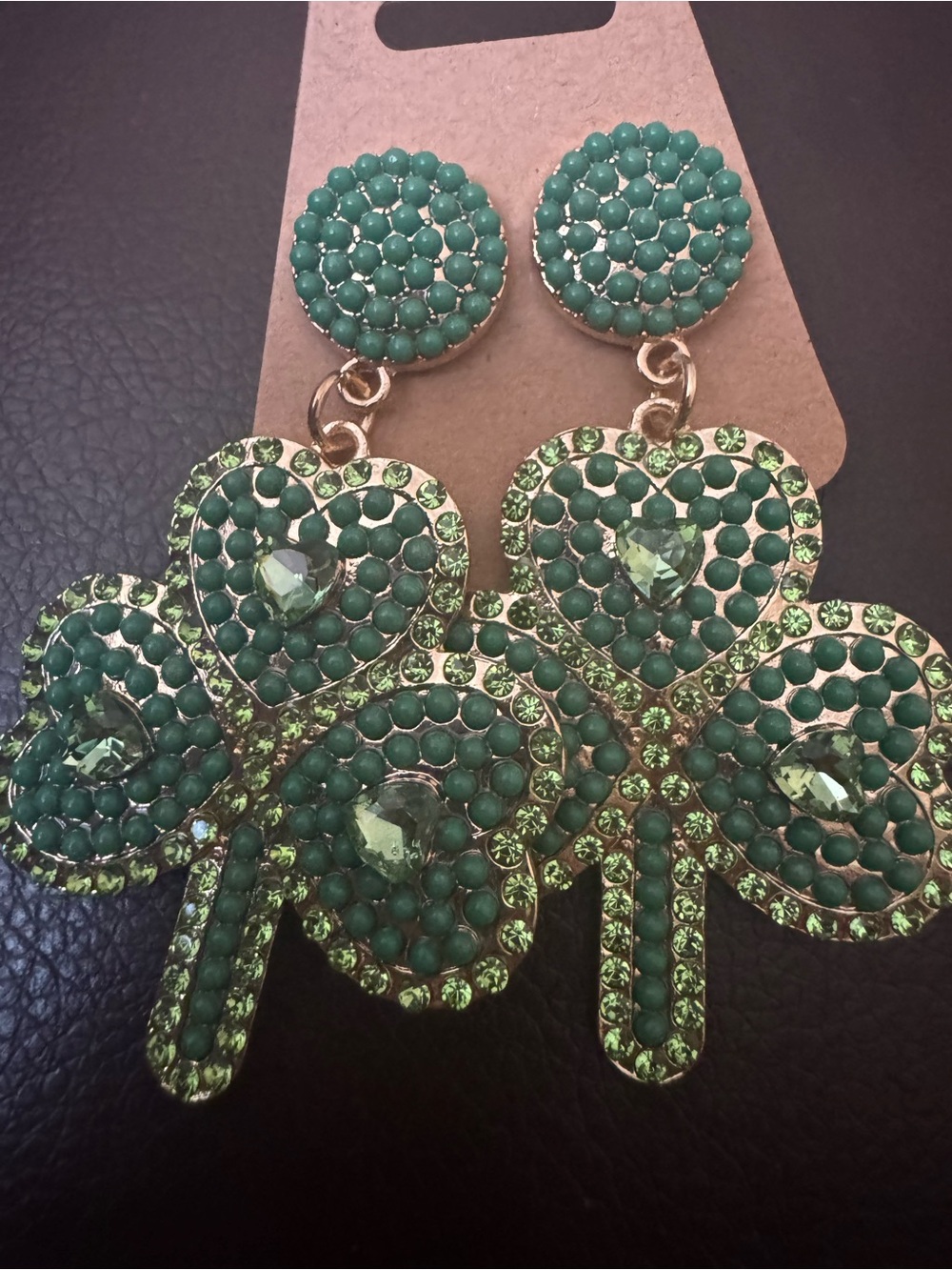 NWT Green Clover Drop Earrings, jeweled